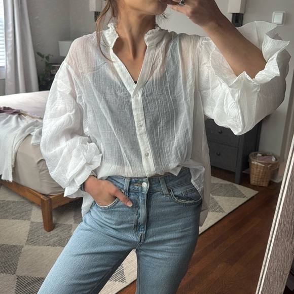 Boho Cotton Blend Button up White Full Bishop Sleeve Top - Picture 1 of 10